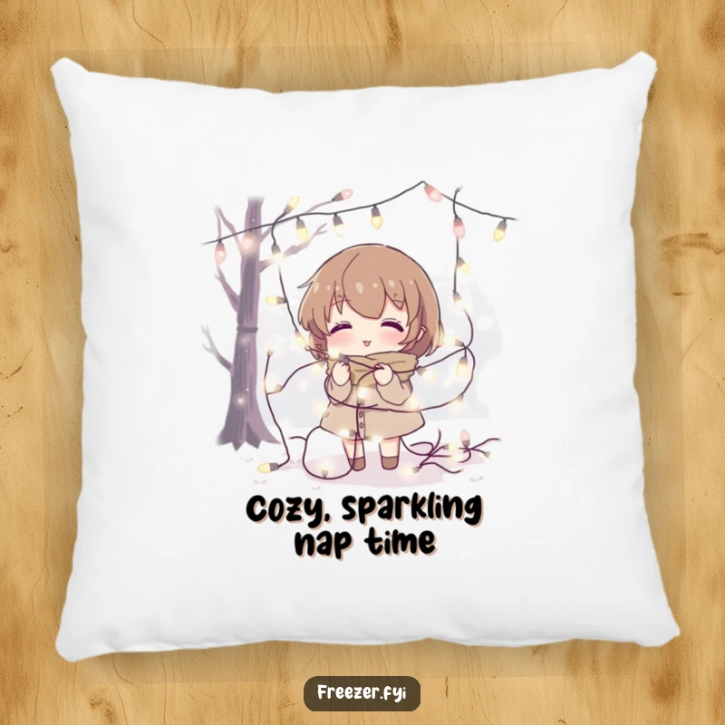 Funny pillow with a character tangled in fairy lights in a cold setting, a humorous and cozy decor piece.