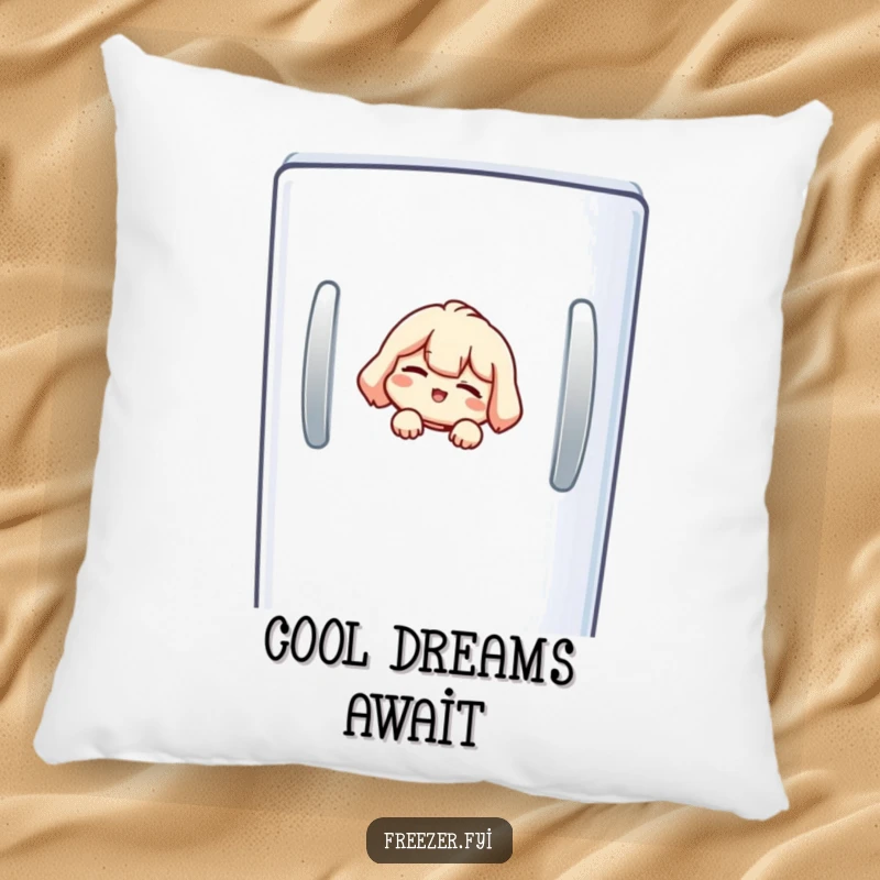 Funny freezer pillow featuring a small character peeking from a freezer door, giving a knowing wink.