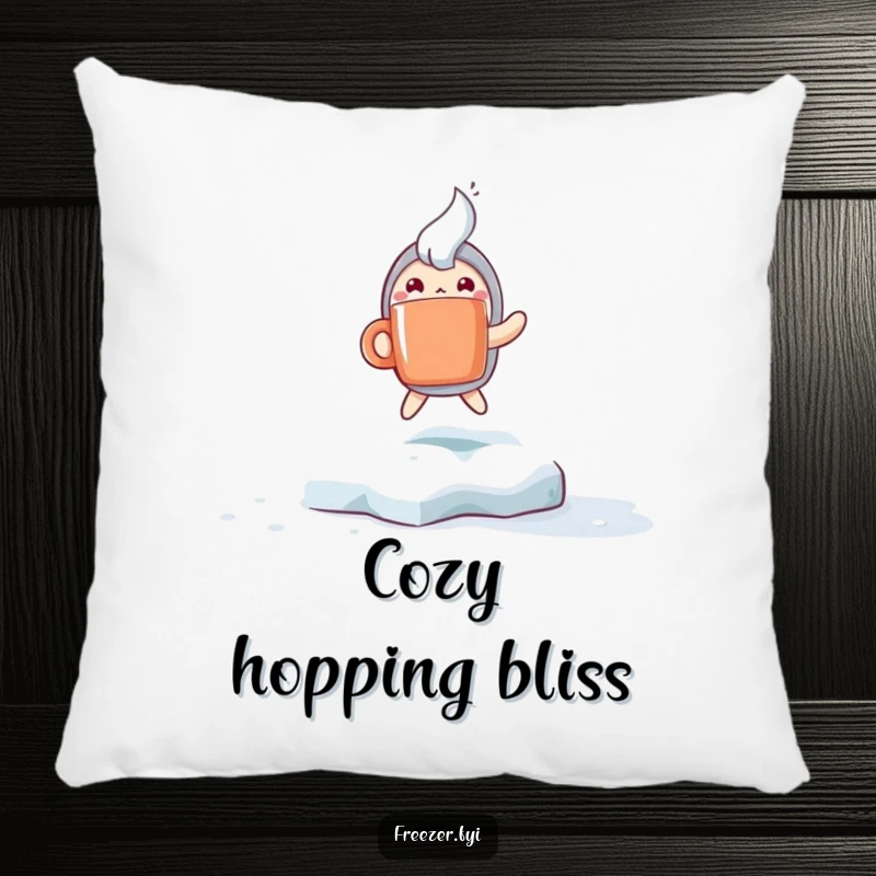 Funny pillow with a character holding a steaming mug and hopping excitedly on a frosty surface, bringing comfort and winter humor.