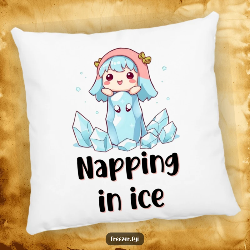 Funny pillow featuring a character floating happily among ice crystals. Soft and humorous decor for a tranquil space.