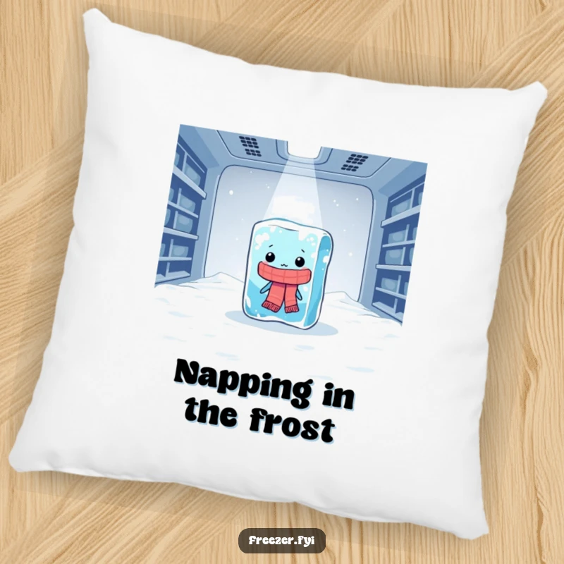 Funny pillow showcasing a lonely, scarf-clad ice cube shivering dramatically in a vast freezer, a humorous decor item.