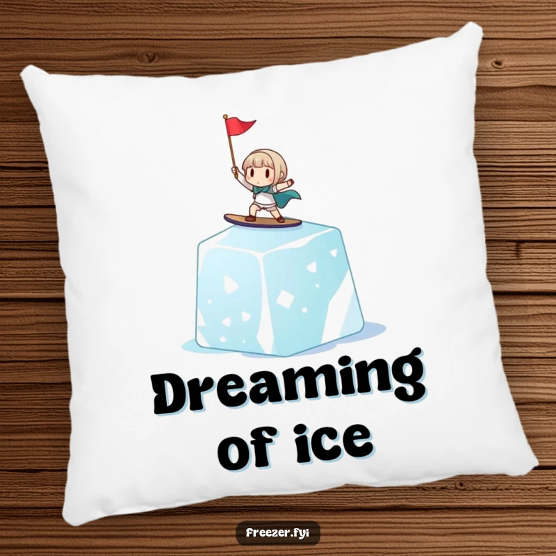 Funny pillow with a cheerful tiny character surfing a giant ice cube, waving a small flag, providing soft comfort and a humorous design.