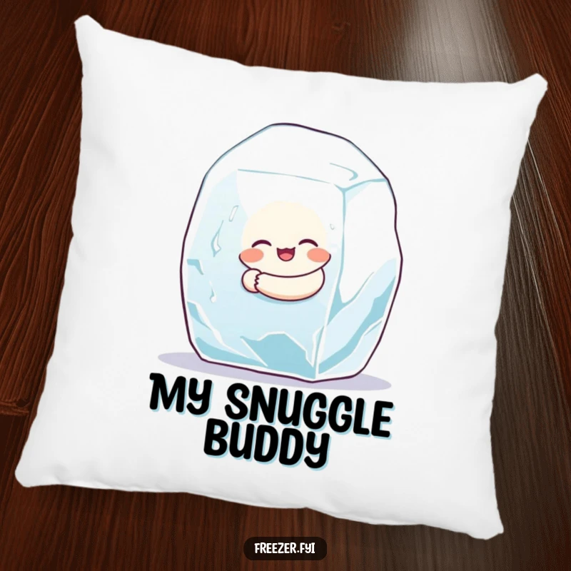 Funny pillow with a round character joyfully hugging a large ice cube, a humorous and cozy decor piece.