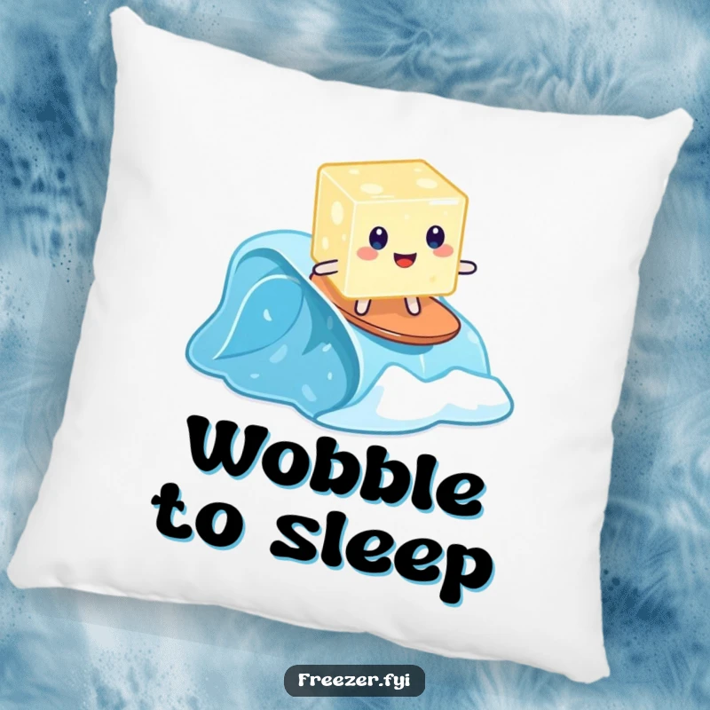 Funny pillow with a wobbly jelly cube surfing on a tiny frozen wave, soft and humorous.