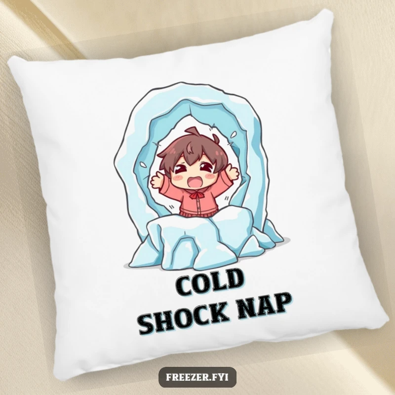 Funny pillow illustrating a shocked character dramatically escaping a melting ice sculpture, offering humorous comfort and a touch of drama.