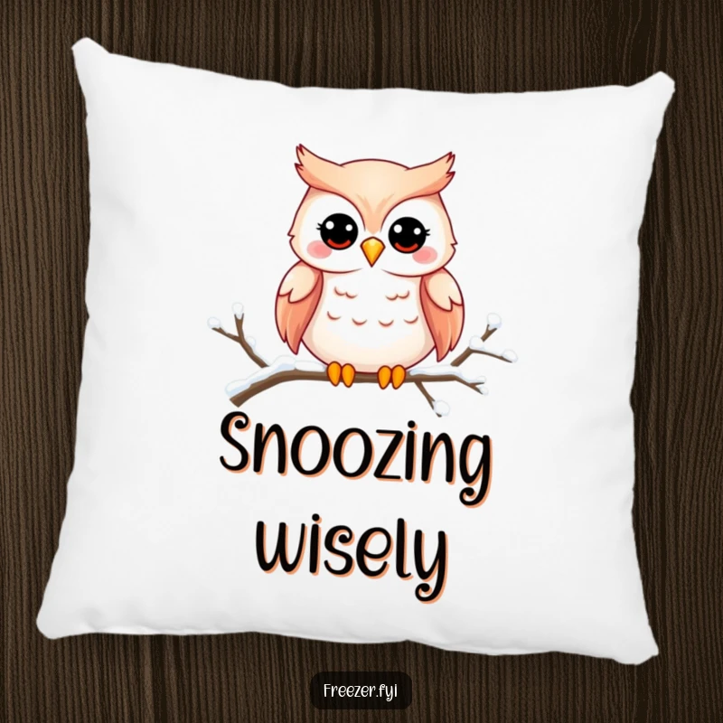 Funny owl pillow showing a charming owl smiling on a snowy branch, providing comfort and a touch of wise humor.