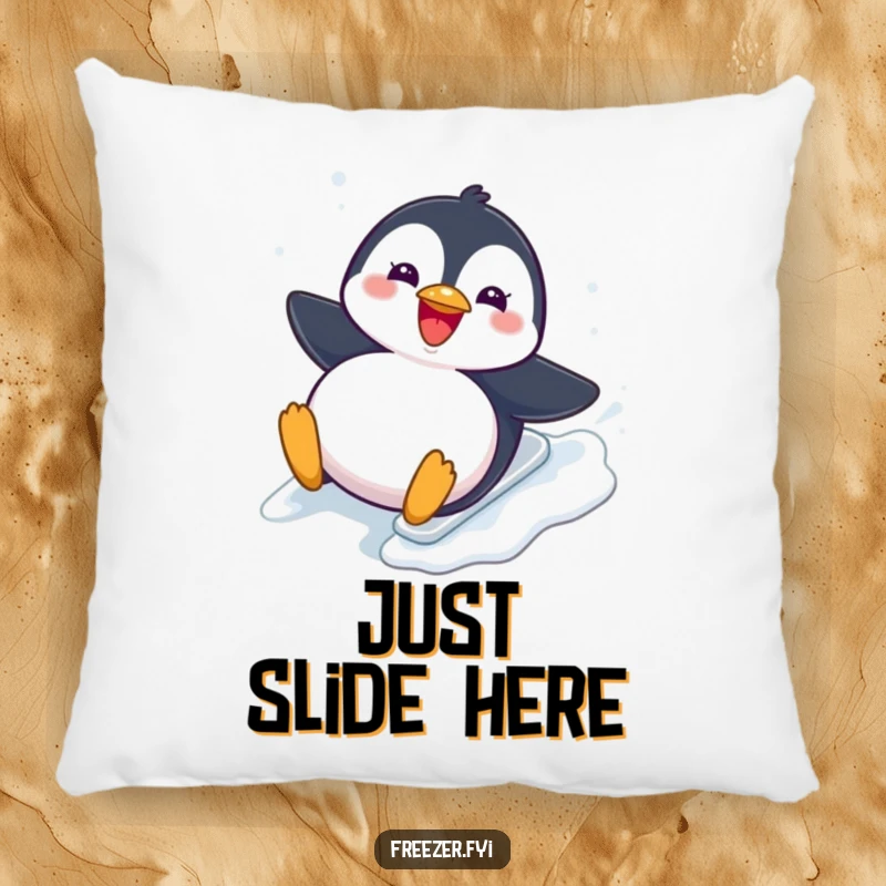 Funny Pillow: A comfortable pillow adorned with a chubby penguin joyfully sliding down an icy slope, adding a touch of winter humor.