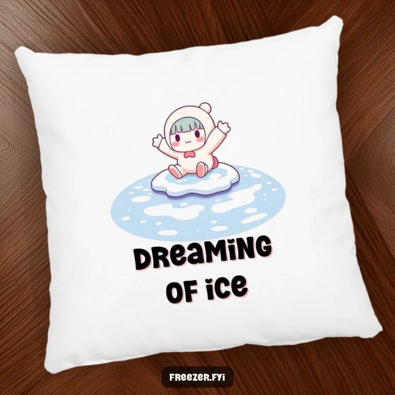 Funny pillow with a character playfully sliding on a frozen puddle, arms spread wide, evoking a sense of joyful winter chaos and fun.