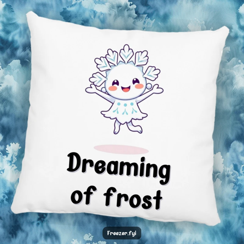 Funny happy snowflake character performing a pirouette on a soft and cozy accent pillow.
