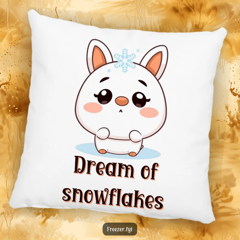 Funny pillow featuring a character looking comically surprised by a snowflake landing on its nose, perfect for seasonal decor.