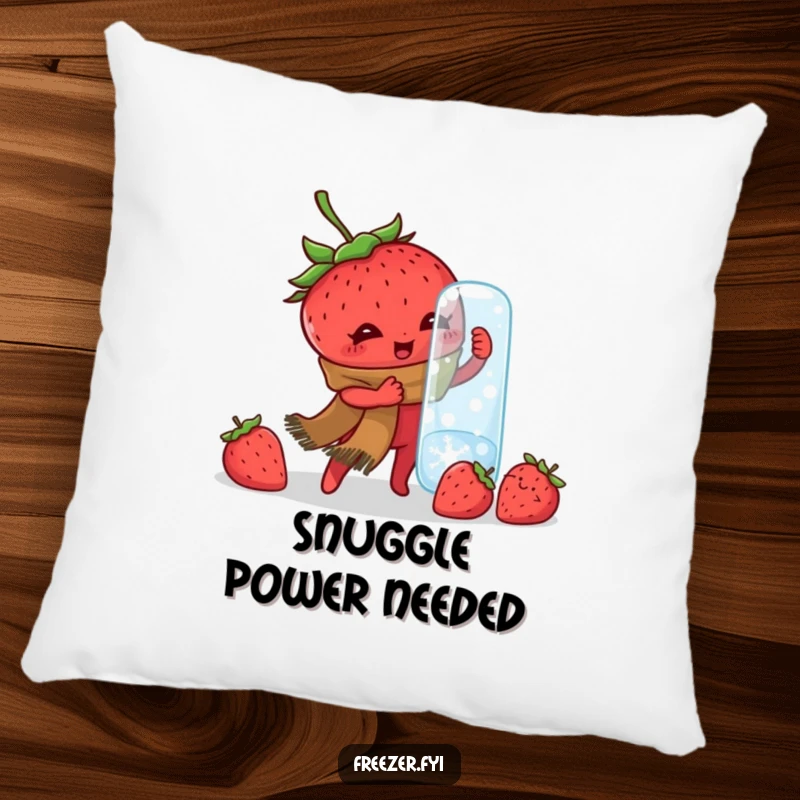 Funny pillow featuring a determined strawberry wearing a scarf, comically trying to open a frozen jar, offering plush comfort and humor.