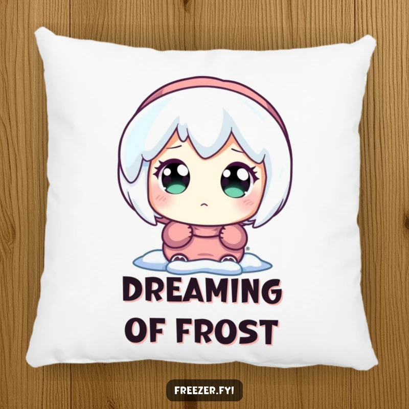 Funny pillow depicting a character with wide, amazed eyes gazing at a brilliantly glowing icicle, adding whimsical comfort.