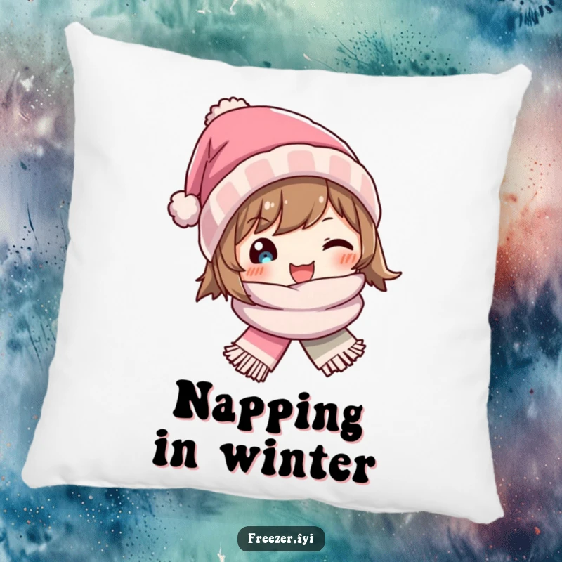 Funny pillow depicting a character joyfully wearing a tiny winter hat and scarf, adding cozy cheer to any room.