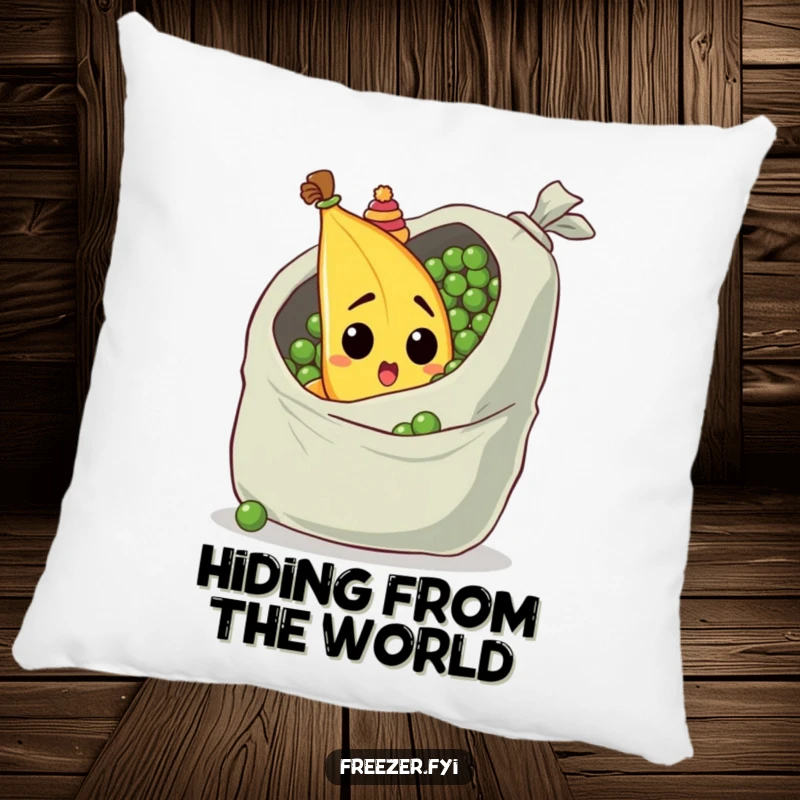 Funny pillow with a surprised banana wearing a tiny hat, peeking from behind a giant bag of peas, soft humor.