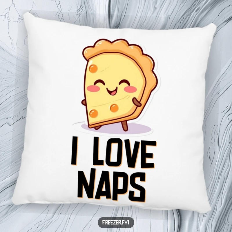 Funny pie slice pillow with a happy character smiling warmly from a cold surface, a soft and humorous decorative item gift.