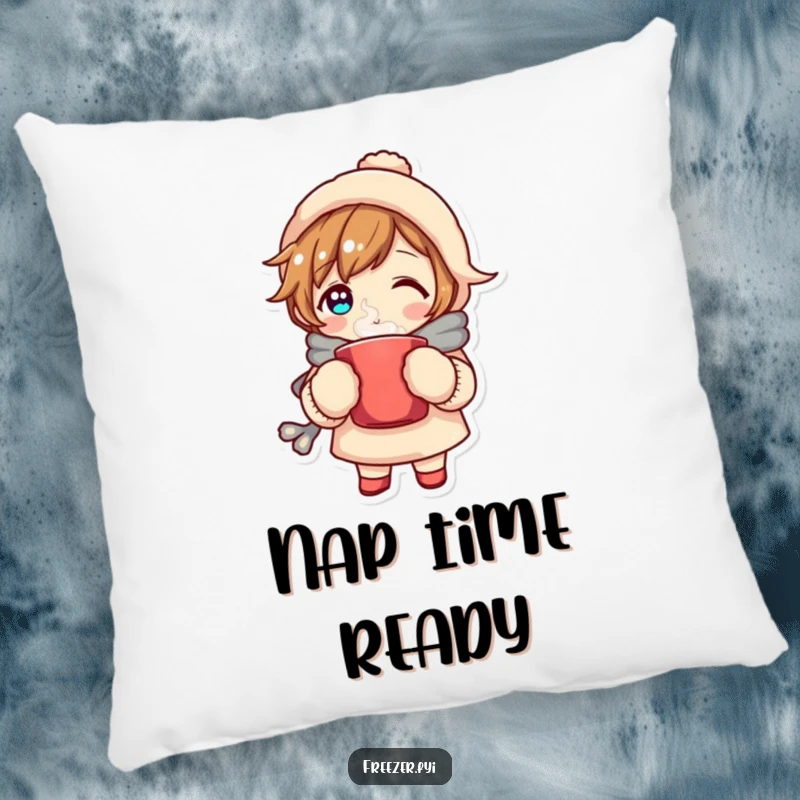 Funny pillow showcasing a character in mittens holding a steaming mug, embodying supreme cozy vibes for ultimate comfort and humorous relaxation.