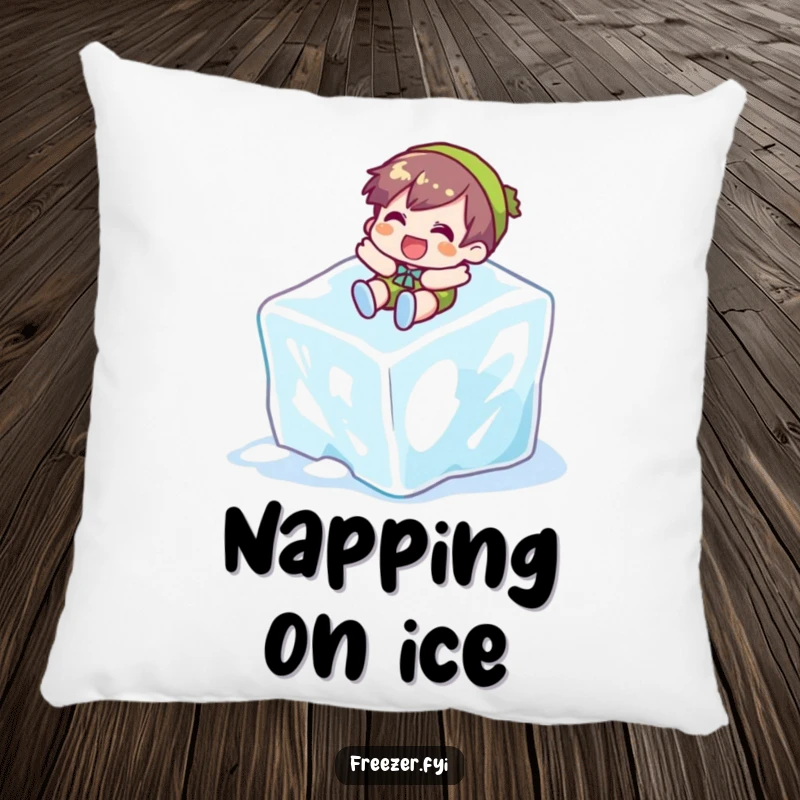 Funny pillow featuring a character sliding down an ice cube, offering comfort and a cool, humorous winter accent.