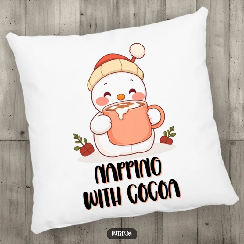 Funny pillow featuring a content snowman character happily sipping hot cocoa from a large mug, bringing snug winter vibes indoors.