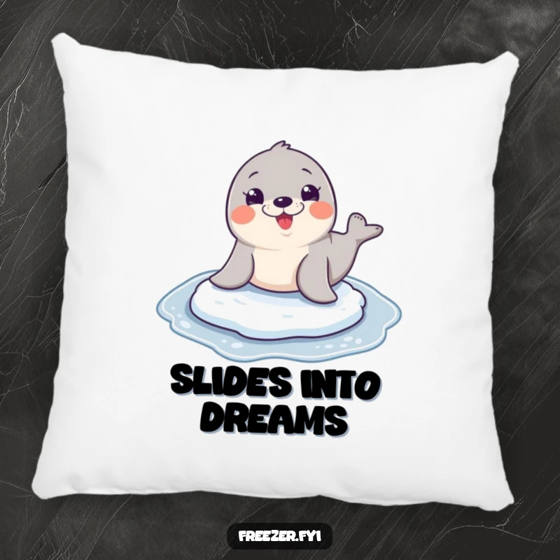 Funny seal character sliding with a wide, happy grin on a soft and humorous decorative pillow.