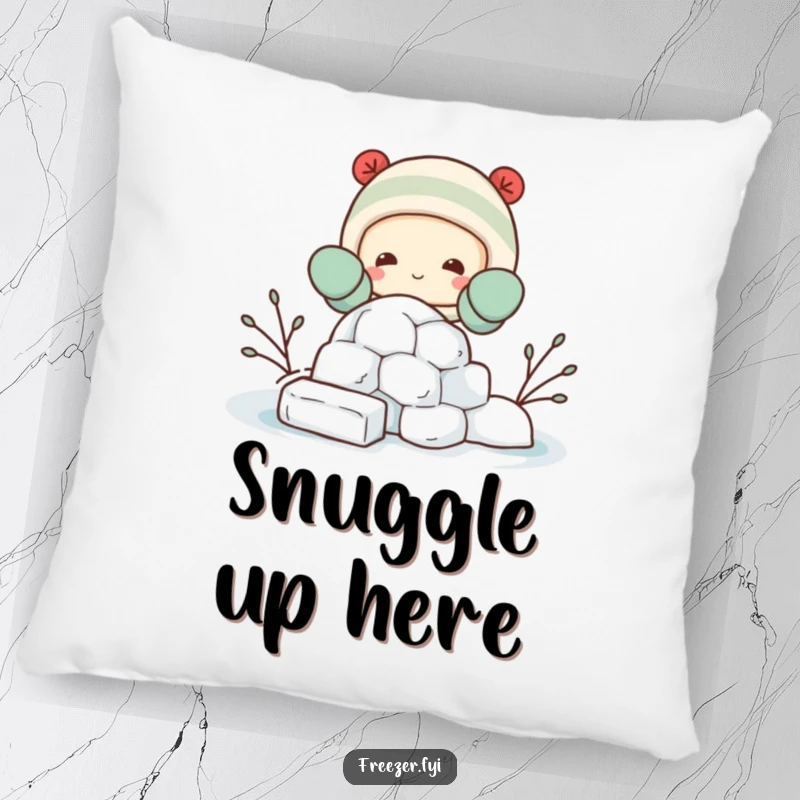Funny pillow featuring a happy character in mittens, building a miniature igloo from ice blocks, offering soft comfort and a cute design.