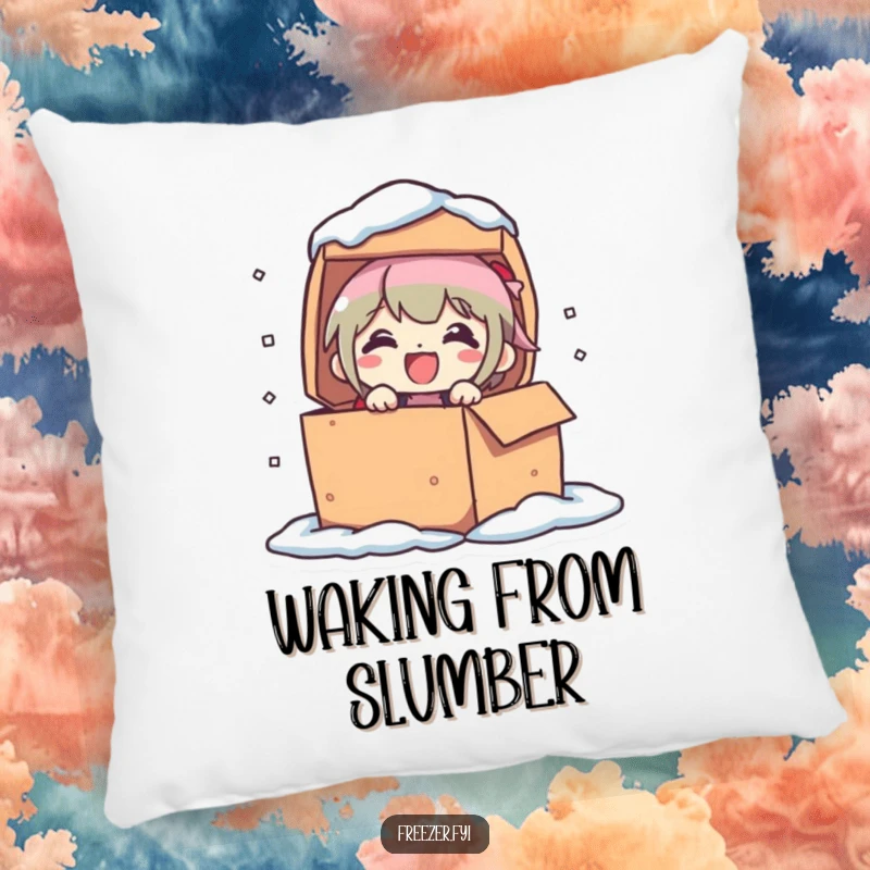 Funny pillow featuring a character popping out of a frozen box with a delighted expression. Soft and humorous decor for a cheerful space.