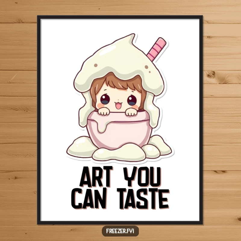 Funny digital art print of a character peeking from an overflowing ice cream tub, offering an instant download of sweet, humorous decor.