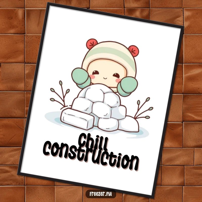 Funny digital art print of a happy character in mittens, building a miniature igloo from ice blocks, offering instant winter humor.
