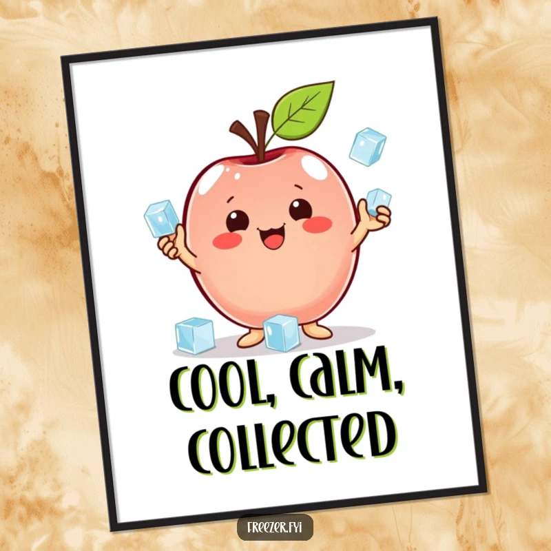 Funny digital art print of a proud apple character juggling ice cubes, ideal for instant humor and cool decor.