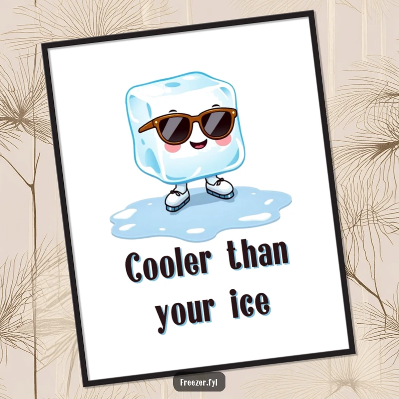 Funny ice cube digital art print with a cheerful ice cube wearing sunglasses, ice-skating on a puddle, cool summer wall art file.