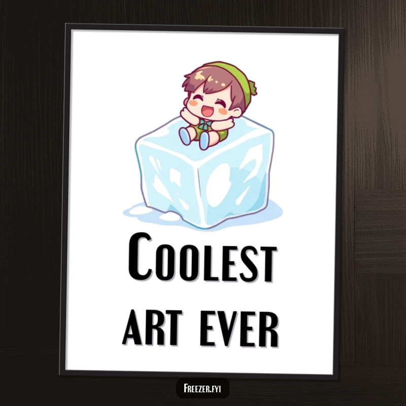 Funny digital art print of a character gleefully sliding down a giant ice cube, offering an instant download of cool, humorous winter fun.