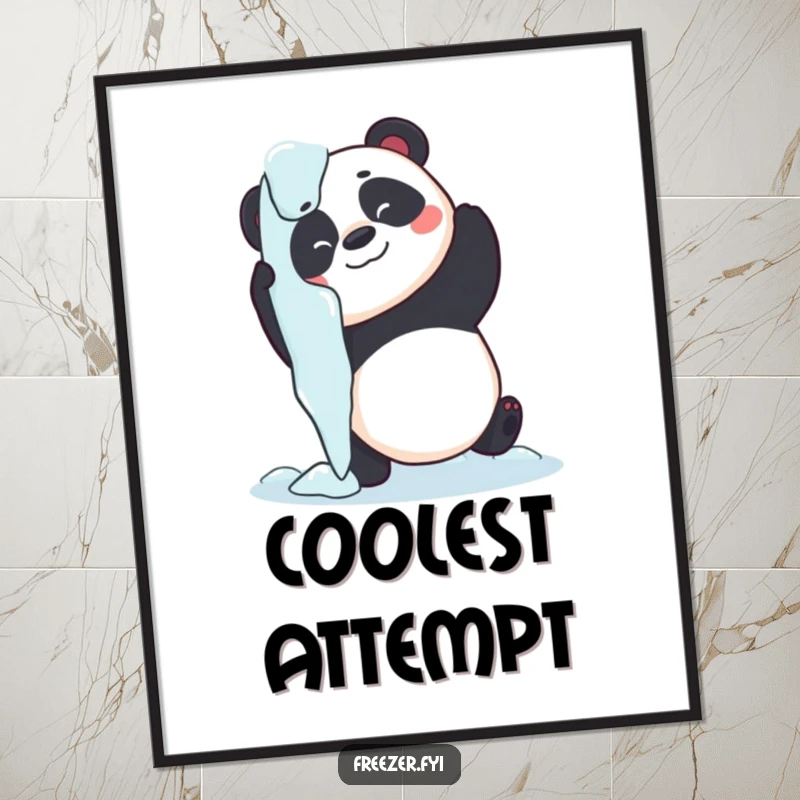 Funny panda digital art print of a playful panda hugging a giant icicle, perfect for instant humorous wall decor.