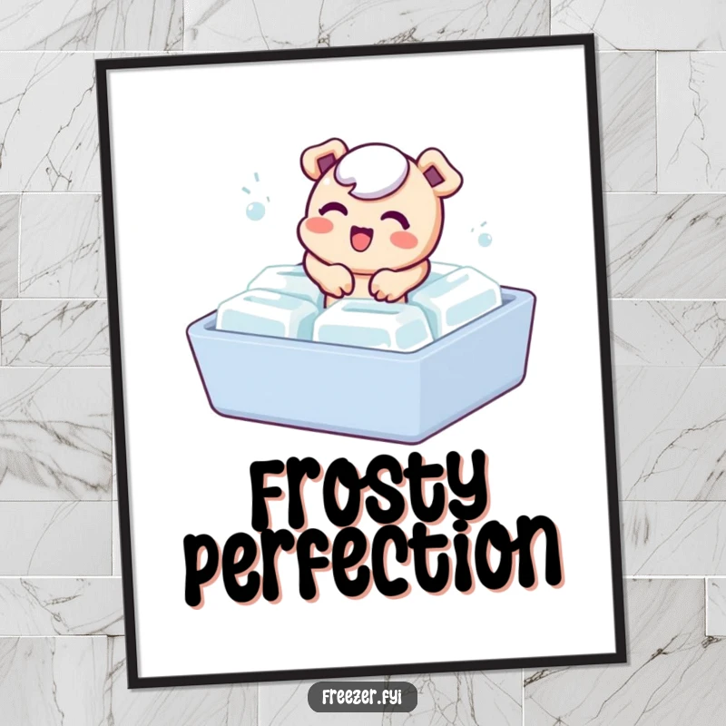 Funny digital art print of a bubbly character playfully emerging from an ice cube tray, offering instant humor and charm.