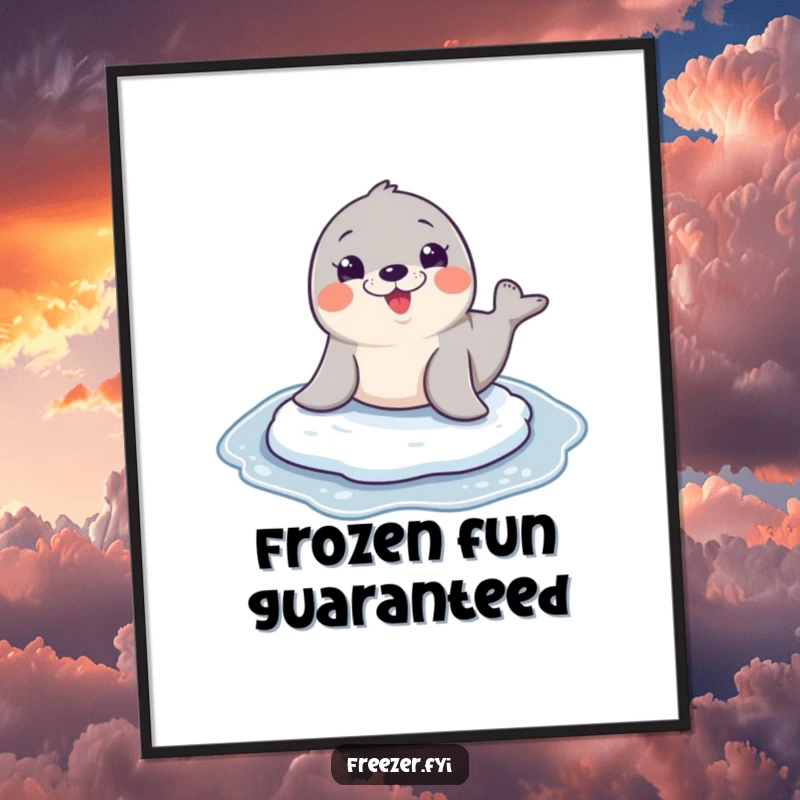 Funny seal character sliding with a wide, infectious grin, a digital art print ready to bring humor.