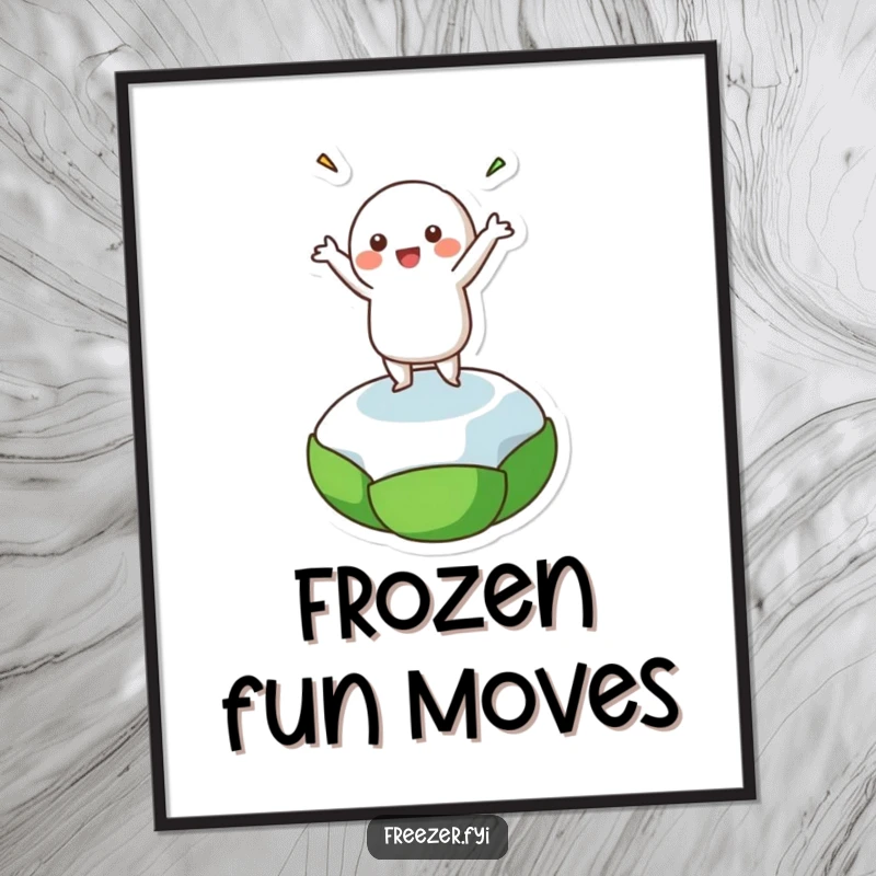Funny digital art print of a character performing a happy dance on a frozen pea, bringing animated humor to your decor.