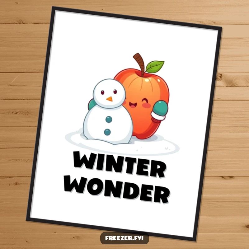 Funny digital art print of a happy apple with mittens, hilariously building a snowman, offering instant whimsical charm and wintery amusement.