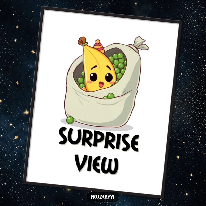 Funny digital art print of a surprised banana with a tiny hat, peeking from behind a giant bag of peas, printable art.