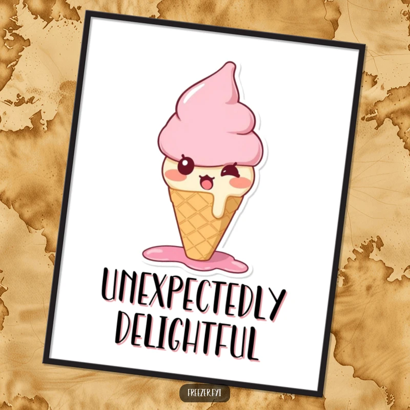 Funny ice cream cone digital art print of a bewildered character melting slightly with surprise, perfect for instant sweet decor.