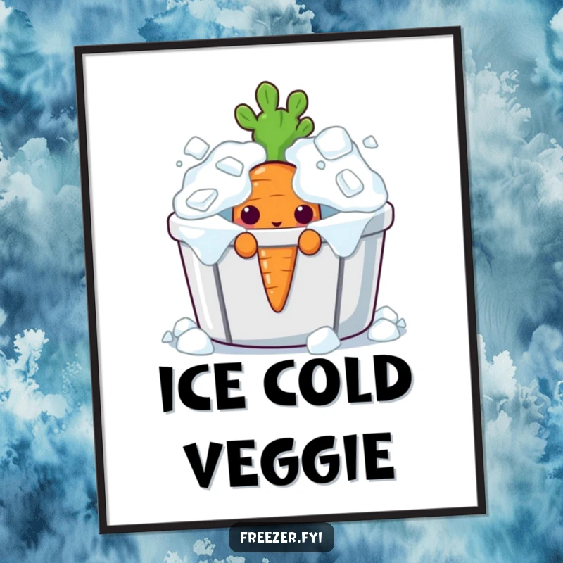 Funny curious carrot character peeking from an overflowing ice bin, digitized as quirky wall art for instant download.