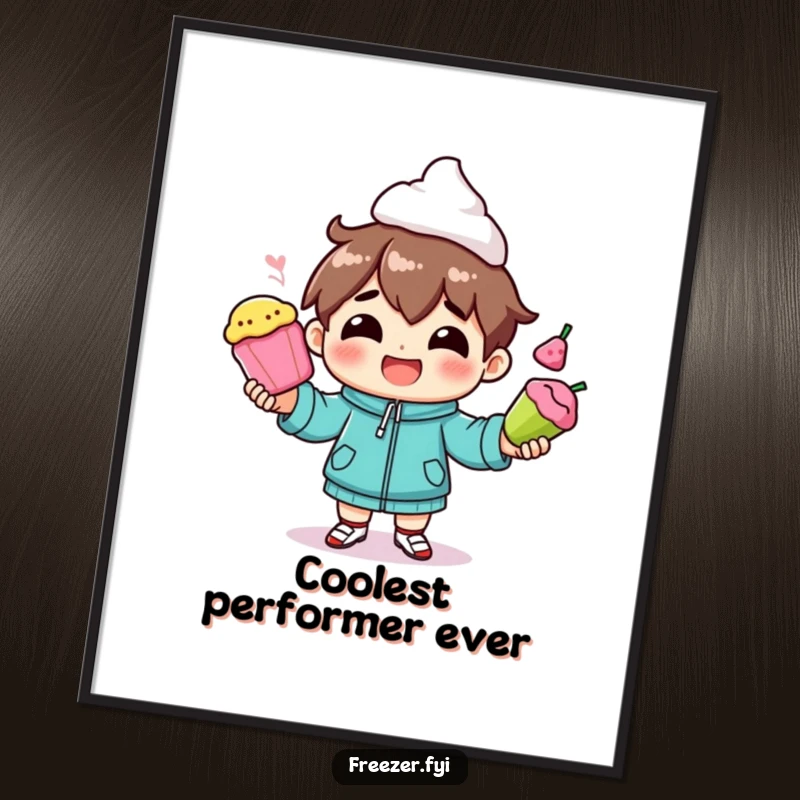 Funny digital art print of a character smiling while juggling colorful frozen foods, perfect for humorous decor.