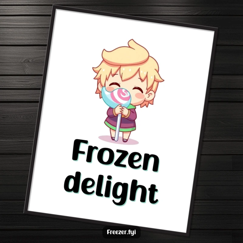 Funny digital art print of a character joyfully spinning a frozen lollipop stick, offering a humorous and sweet decorative piece.