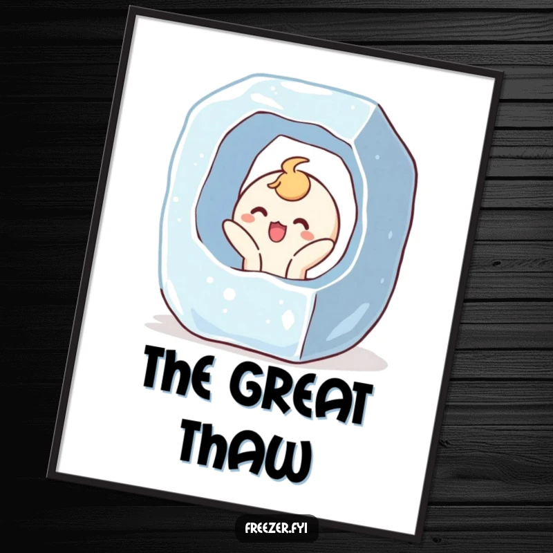 Funny digital art of a character bursting out of a giant ice cube with a surprised, joyful expression, for instant humorous decor.