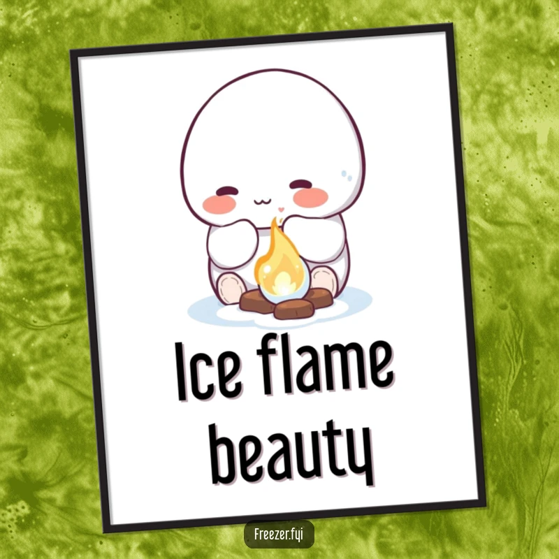 Funny digital art print of a rosy-cheeked character happily warming their hands by a small, glowing ice fire, offering instant cozy humor.