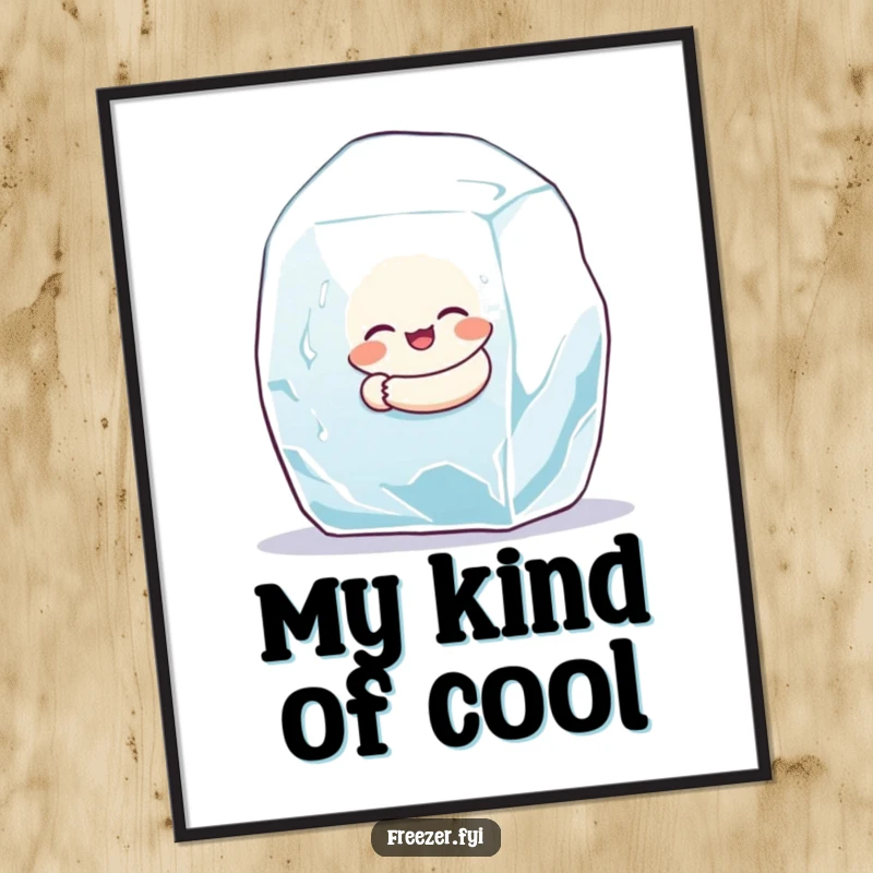 Funny digital art print of a small character happily hugging a giant ice cube, perfect for humorous decor.