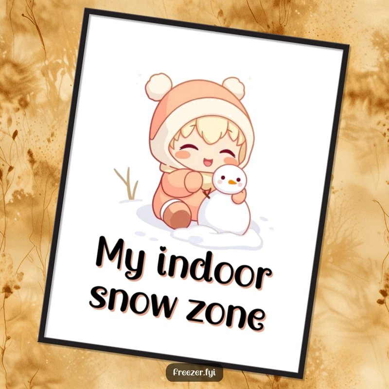 Funny digital art print of a character gleefully attempting to build a tiny snowman inside, showcasing whimsical indoor winter fun.