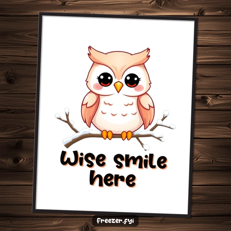 Funny owl digital art print of a charming owl smiling on a snowy branch, perfect for instant humorous wall decor.