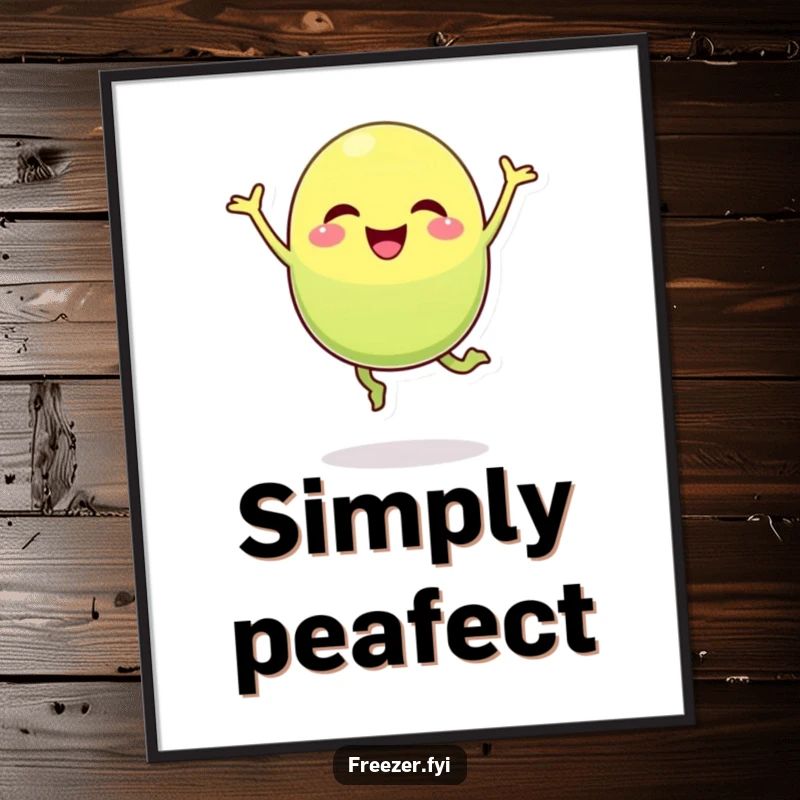Funny pea pod digital art print of a cheerful character performing an ecstatic silly jump, ready to download.