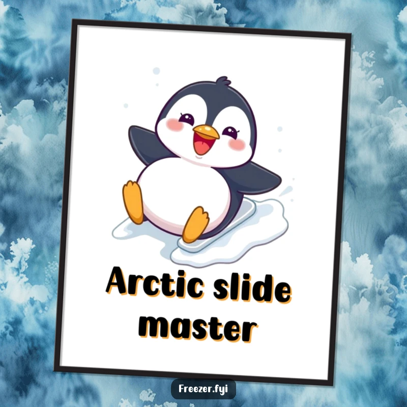 Funny Digital Art: A printable artwork of a chubby penguin gleefully sliding down an icy slope, perfect for adding instant winter charm.
