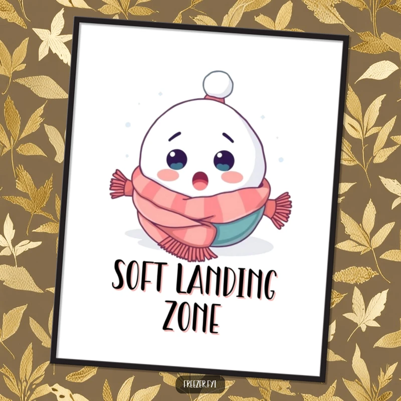 Funny digital art print of a surprised snowball character tumbling headfirst into a cozy scarf, offering instant winter whimsy.