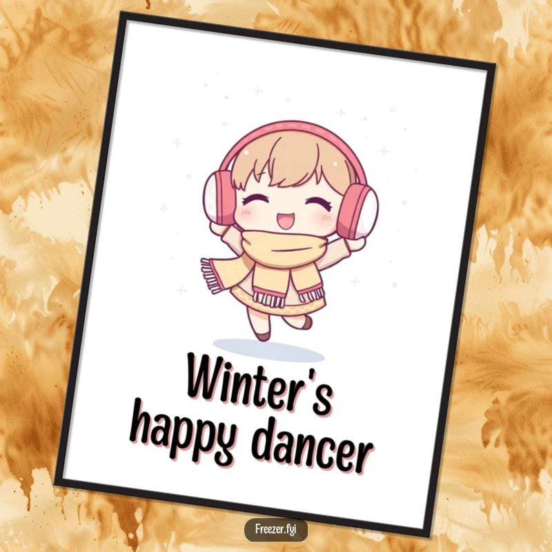 Funny digital art print of a character joyfully dancing in falling snowflakes, wearing winter attire, radiating cozy contentment.