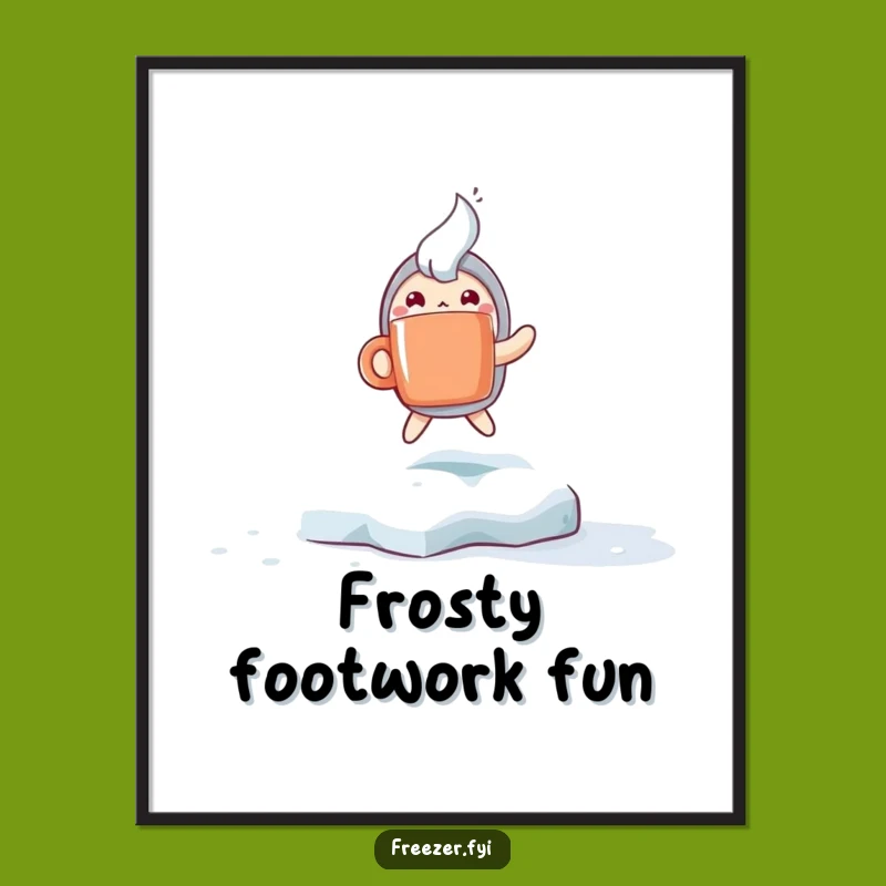 Funny Winter Joy Digital Art: Excited Character Hops with Steaming Mug